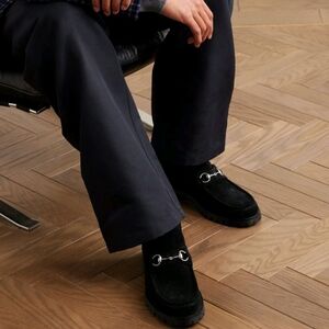 GUCCI 016343 Sylke Black Suede Horsebit Chunky Lug Sole Slip-On Loafers Men's 8½